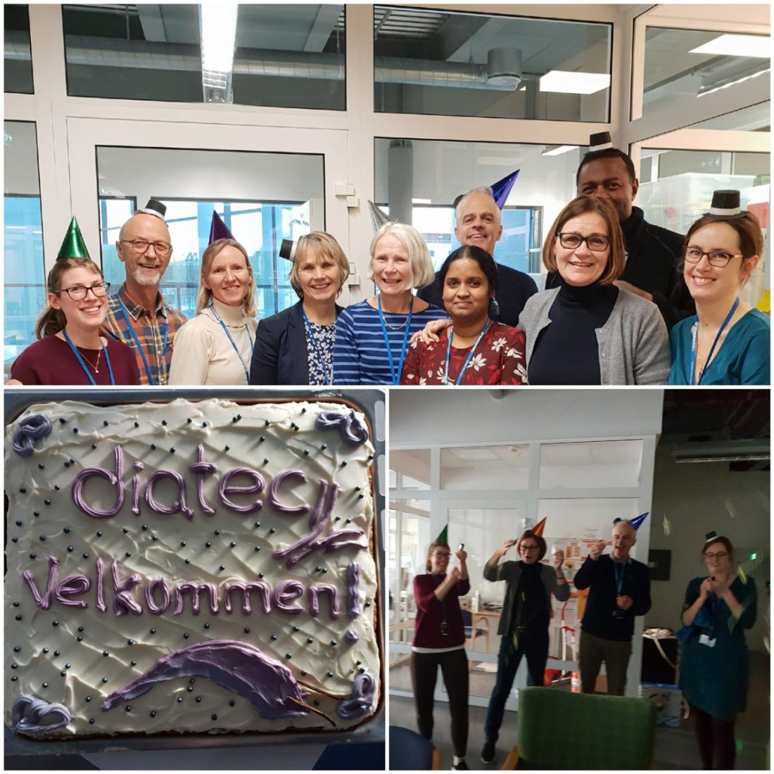 Celebrating team members wearing party hats. There is also a cake with the Diatec logo, with the word "Velkommen!" (meaning "Welcome!" in norweagian) written under it in purple frosting.